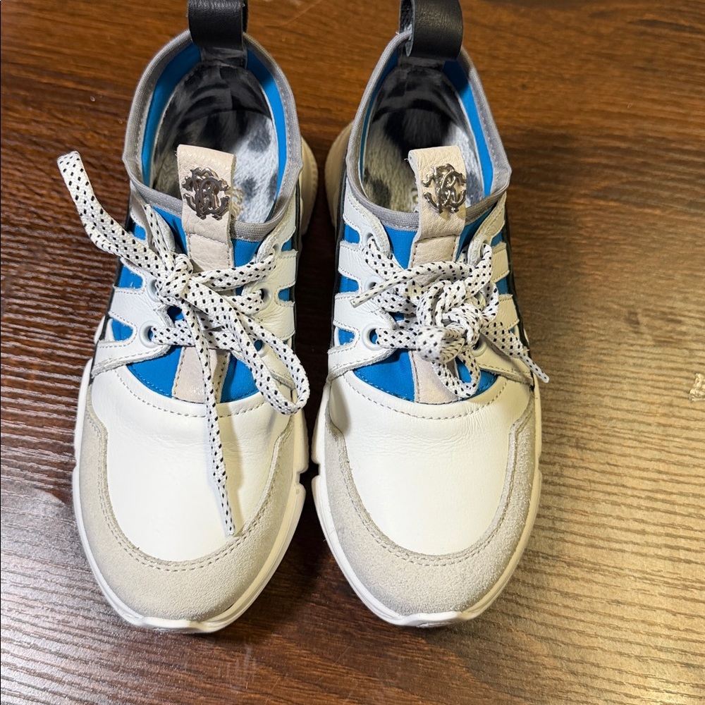 Roberto Cavalli Kids White Sneakers with Blue & Black Accents - Picture 10 of 11